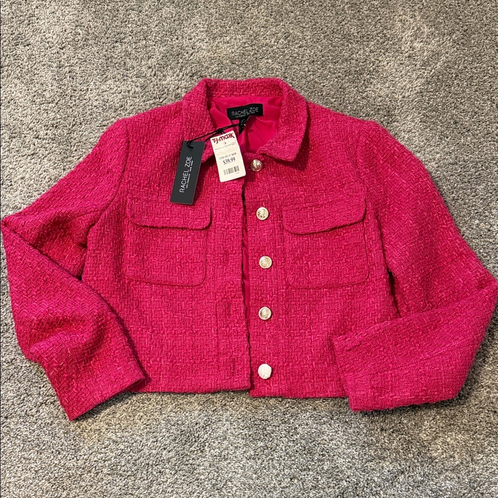 NWT Rachel Zoe hot pink brass button crop jacket, fully lined, Sm